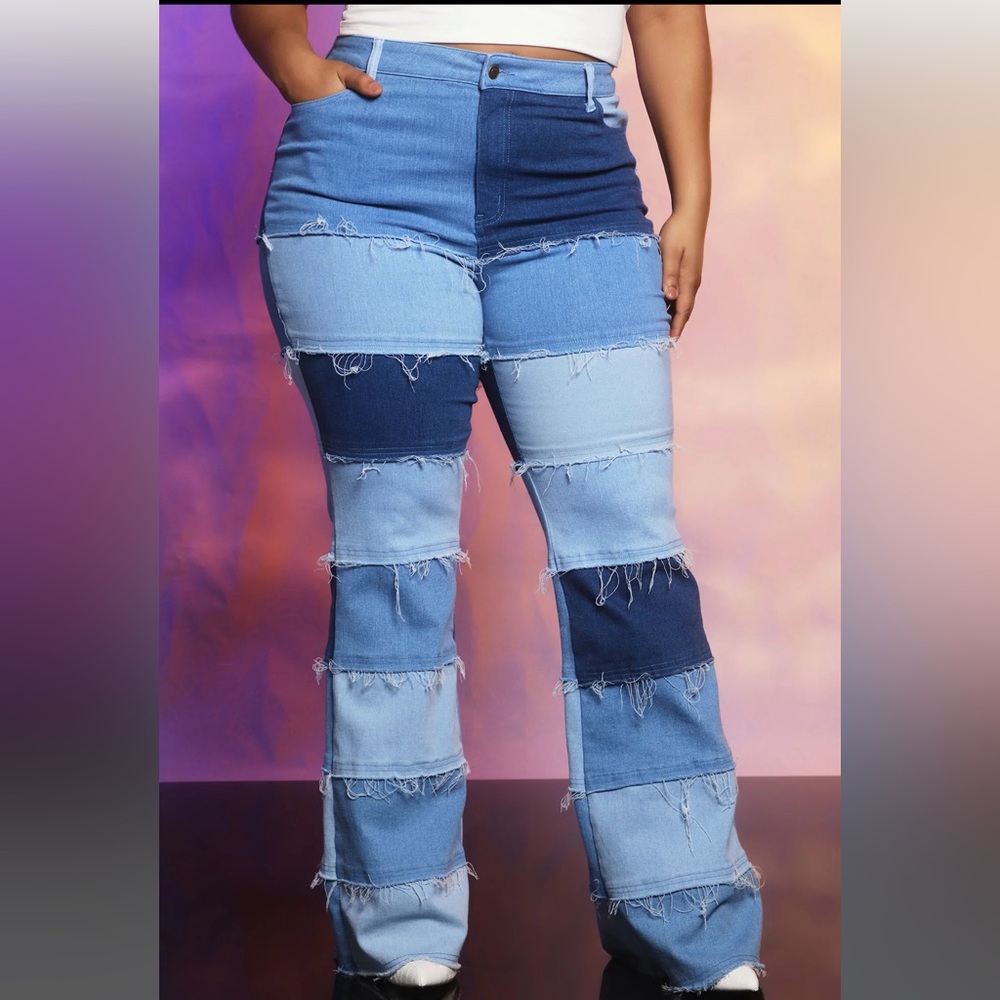 High rise patchwork denim